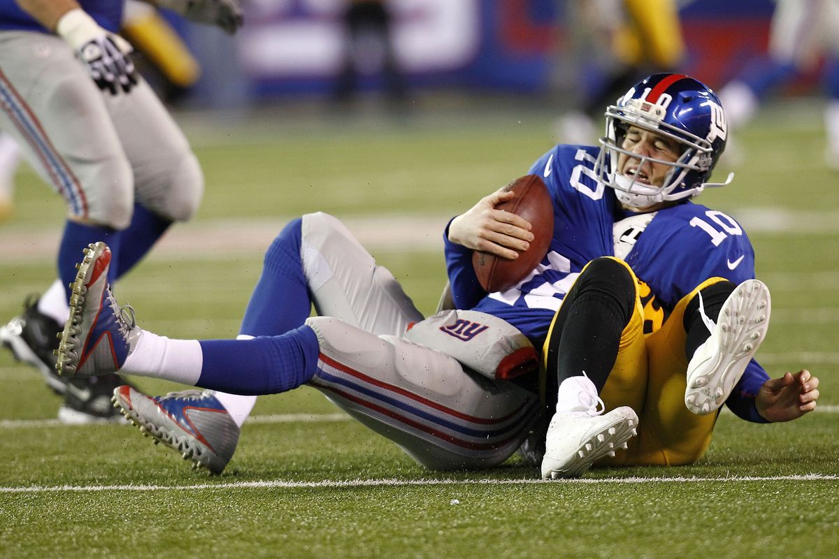 Eli Manning is sacked by Lawrence Timmons on Sunday.