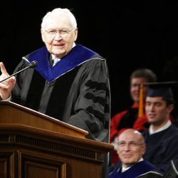 Elder L. Tom Perry speaks to Brigham Young University students on Thursday.      