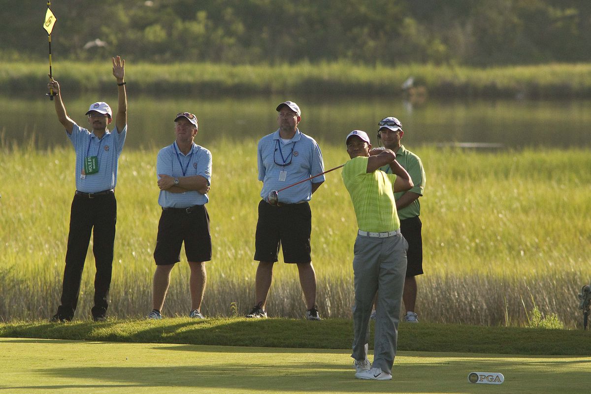 Aug 9, 2012; Kiawah Island, SC, USA; Tiger Woods tees off on the tenth hole during the first round of the PGA Championship at The Ocean Course of the Kiawah Island Golf Resort. Mandatory Credit: Joshua S. Kelly-US PRESSWIRE