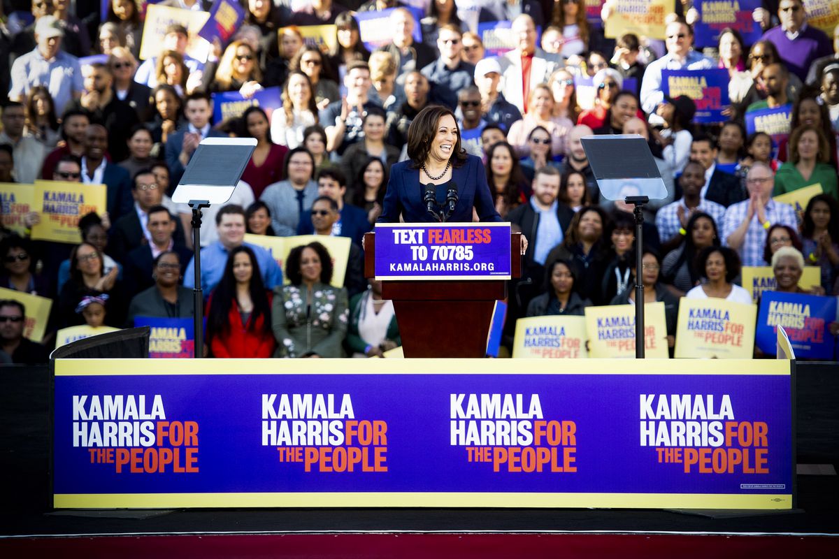 Sen. Kamala Harris (D-CA) speaks during a rally launching her presidential campaign in Oakland, California, on January 27, 2019.