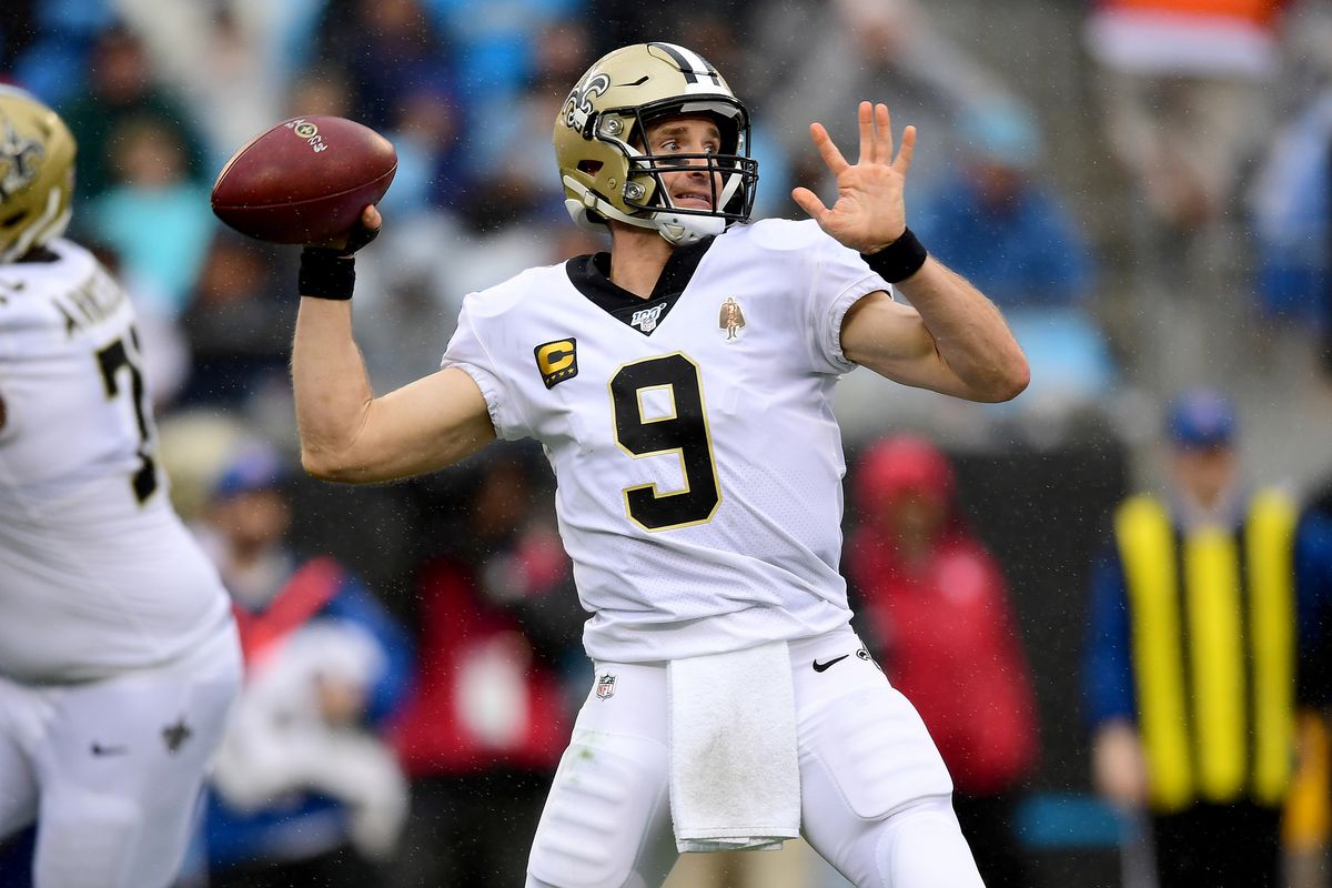 Drew Brees of the New Orleans Saints during the second half during their game against the Carolina Panthers at Bank of America Stadium on December 29, 2019 in Charlotte, North Carolina.