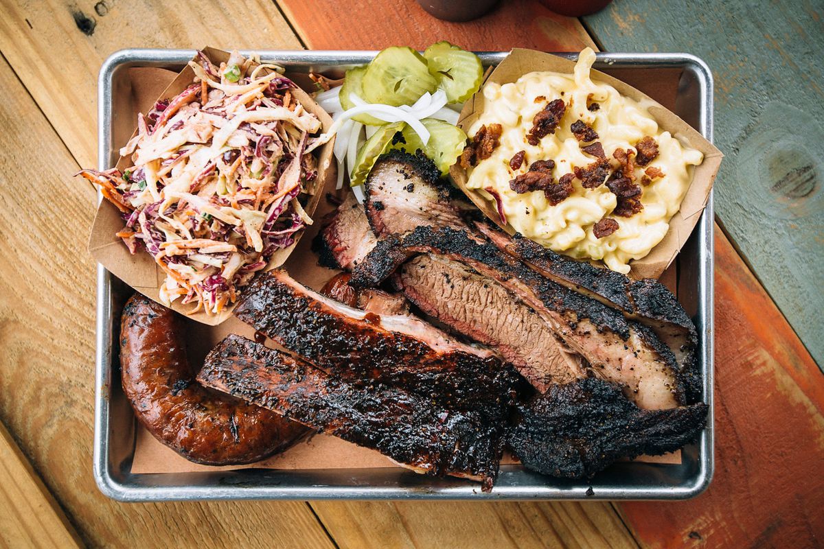 A bountiful barbecue platter at Pecan Lodge