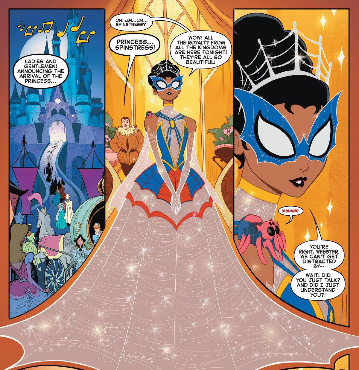 Princess Spinstress is introduced at a medieval ball, in her red and blue gown with its sparkling web skirt in Edge of Spider-Verse #4 (2022).