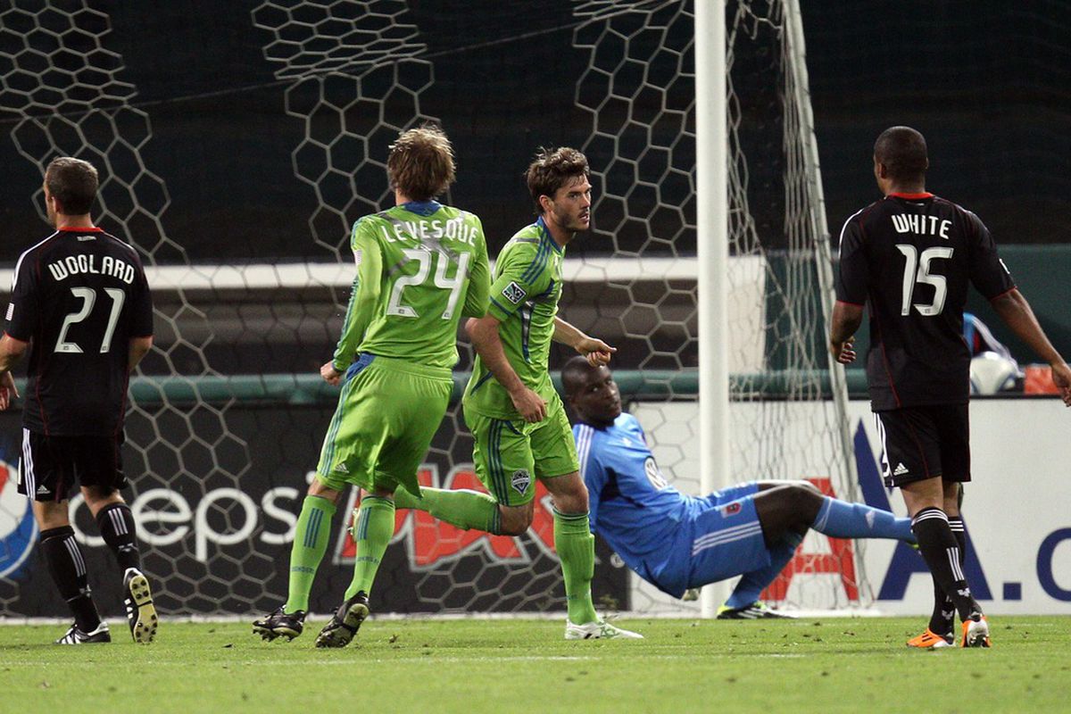 WASHINGTON, DC - MAY 4: Brad Evans #3 of the Seattle Sounders scores a goal against D.C. United at RFK Stadium on May 4, 2011 in Washington, DC. (Photo by Ned Dishman/Getty Images)