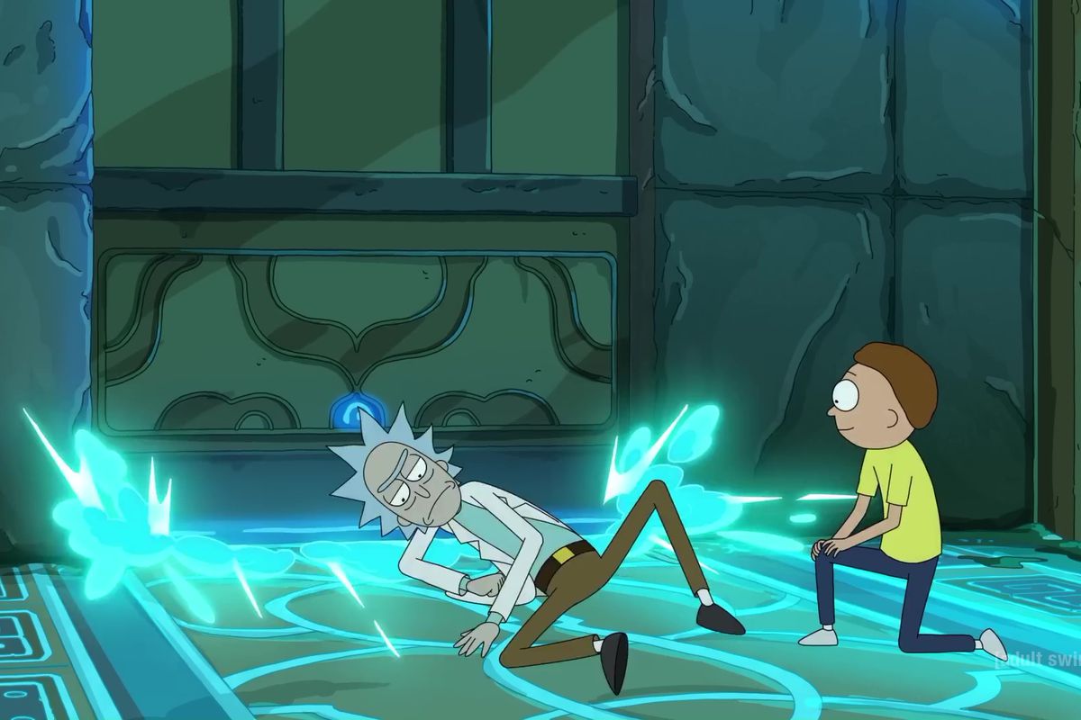 An image of Rick and Morty in the season 7 trailer from Adult Swim. They are in a temple that has glowing blue lines and looks like it’s from The Legend of Zelda: Breath of the Wild. 