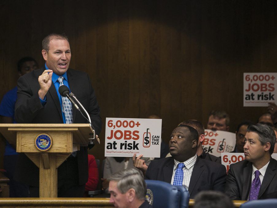 Robert Reiter, then secretary-treasurer of the Chicago Federation of Labor, speaks during a special meeting of the Cook County Board of Commissioners in 2017. File Photo. | Ashlee Rezin/Sun-Times