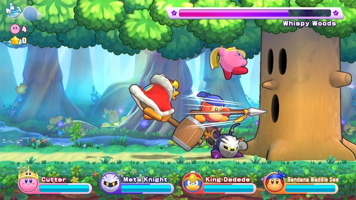 Kirby, Meta Knight and friends attack a tree in Kirby’s Return to Dream Land Deluxe