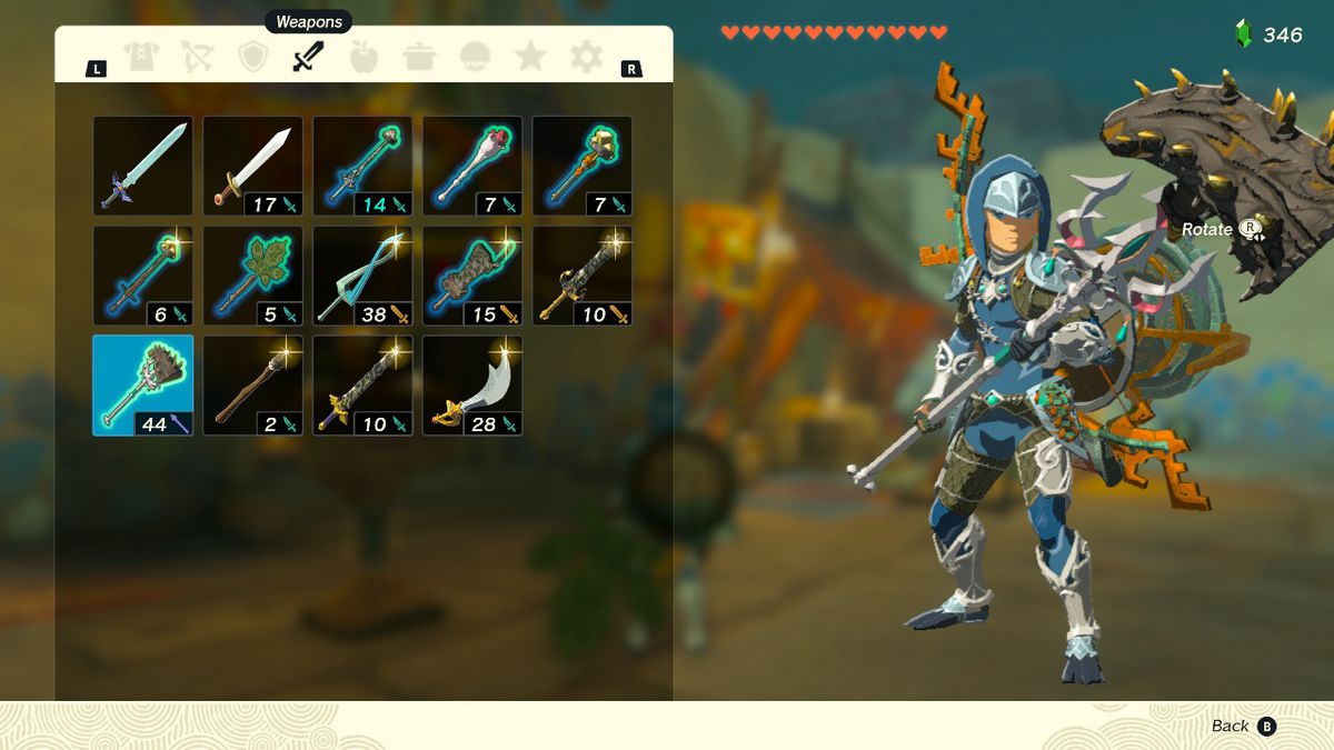 A screenshot of the weapons inventory in Zelda: Tears of the Kingdom, showcasing Link with the Lightscale Trident