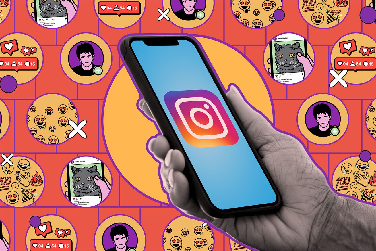 Phone with Instagram logo against an illustrated background.