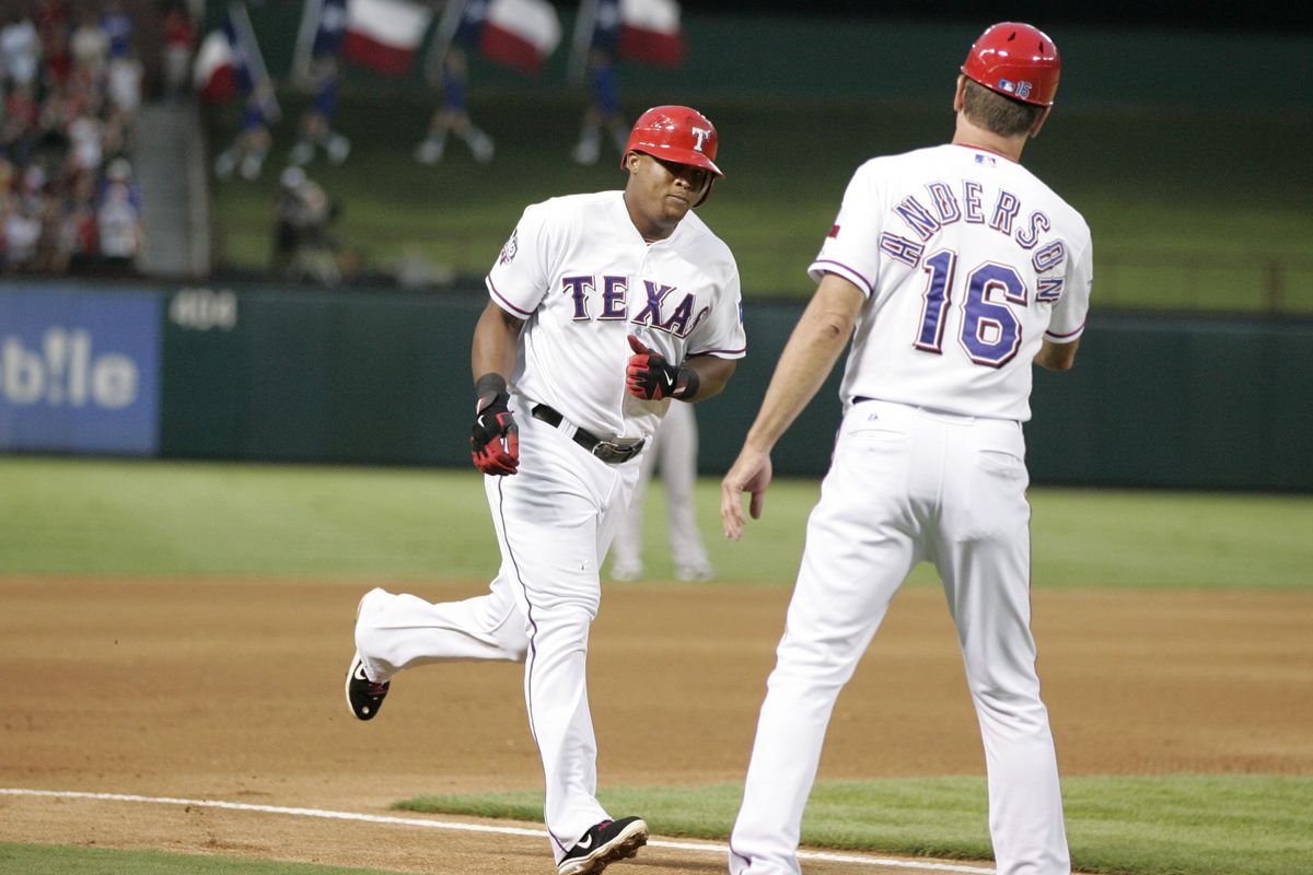Adrian Beltre rounds the bases after hitting a homer in the fourth inning. No, not that one. His OTHER homerun in the fourth inning.