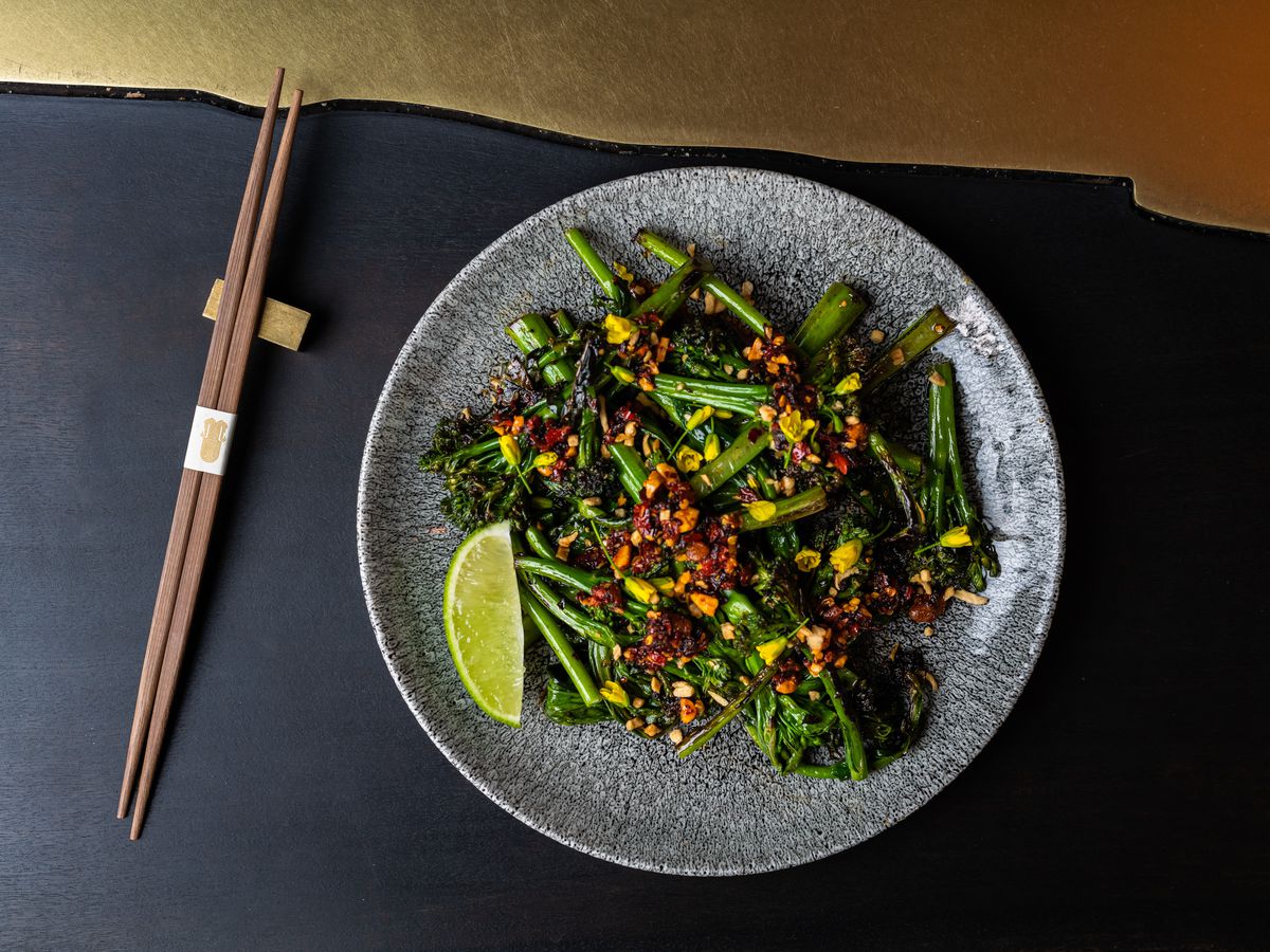Charred broccolini with szechuan ginger oil.