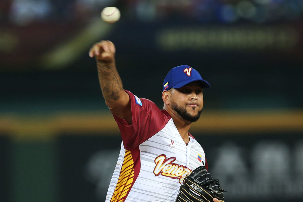 Venezuela pitcher (and former Miami Marlin) Henderson Alvarez pitches against Taiwan during Premier 12 group B of the WBSC in Taichung
