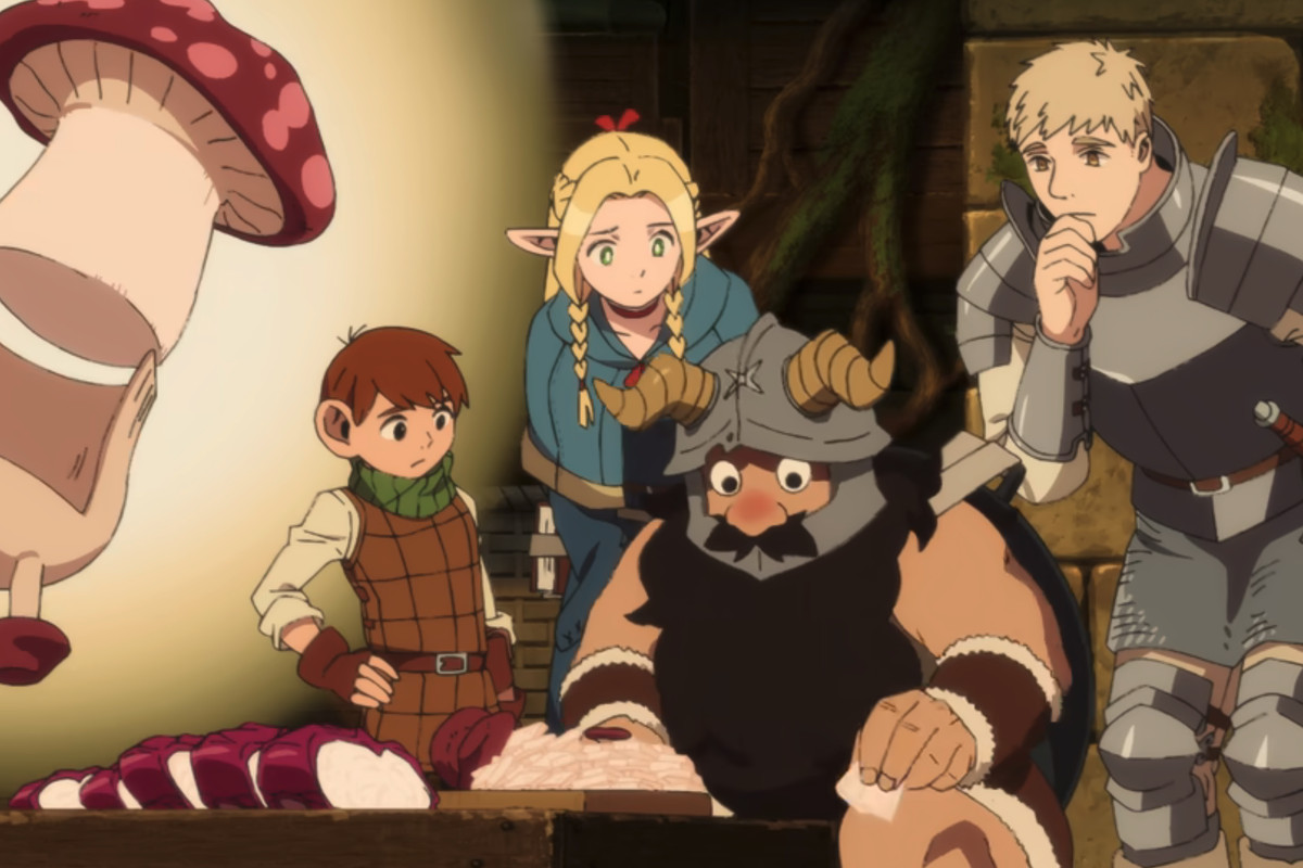 The cast Delicious in Dungeon all ponder how to best prep a mushroom monster