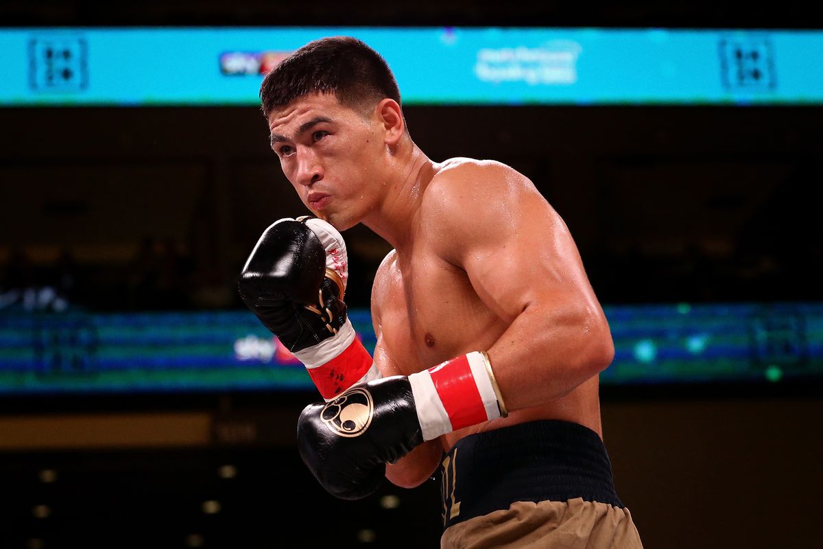 Dmitry Bivol of Russia looks on in the second round of his WBA Super World Light-Heavyweight title bout against Lenin Castillo of the Dominican Republic at Wintrust Arena on October 12, 2019 in Chicago, Illinois.