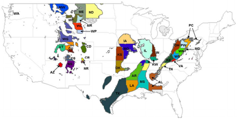 The regions/states where US coal is produced.
