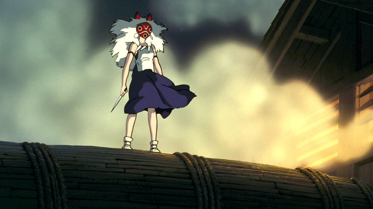 princess mononoke stands atop a burning irontown building