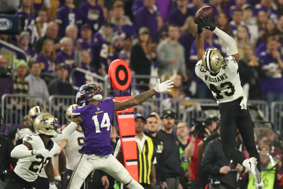 Rookie Saints free safety Marcus Williams went high to intercept a Case Keenum pass in front of Vikings wide receiver Stefon Diggs early in the third quarter. Six plays later, the Saints went 30 yards for their second touchdown. ] JERRY HOLT √Ø jerry.