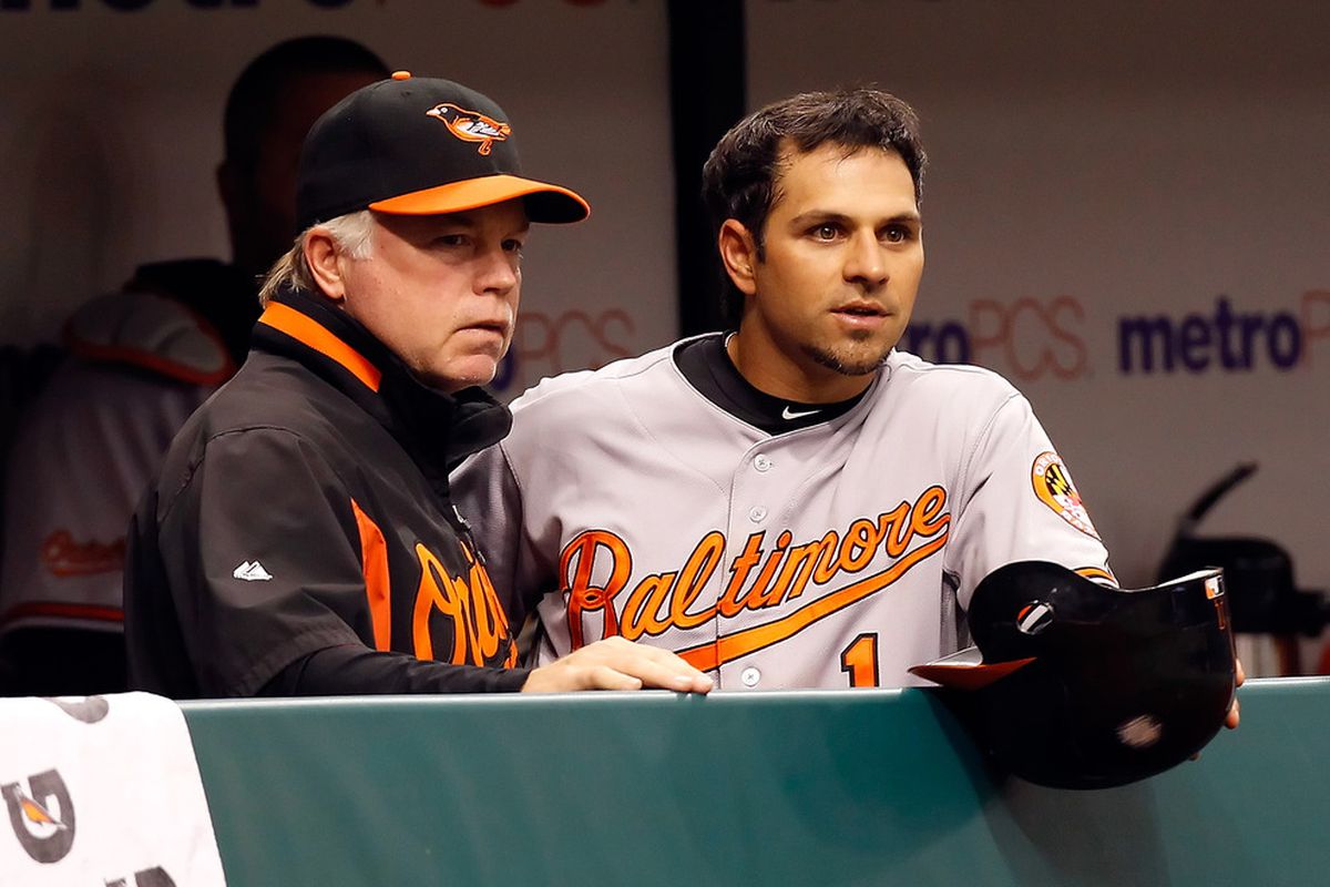 ST. PETERSBURG, FL - MAY 14:  Manager Buck Showalter of the Baltimore Orioles talks with Brian Roberts #1 during the game against the Tampa Bay Rays at Tropicana Field on May 14, 2011 in St. Petersburg, Florida.  (Photo by J. Meric/Getty Images)