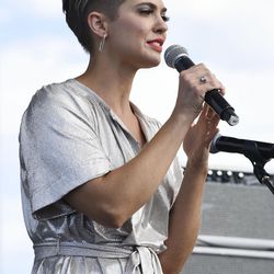 Mindy Gledhill speaks during the LoveLoud Festival at Utah Valley University in Orem on Saturday, Aug. 26, 2017.