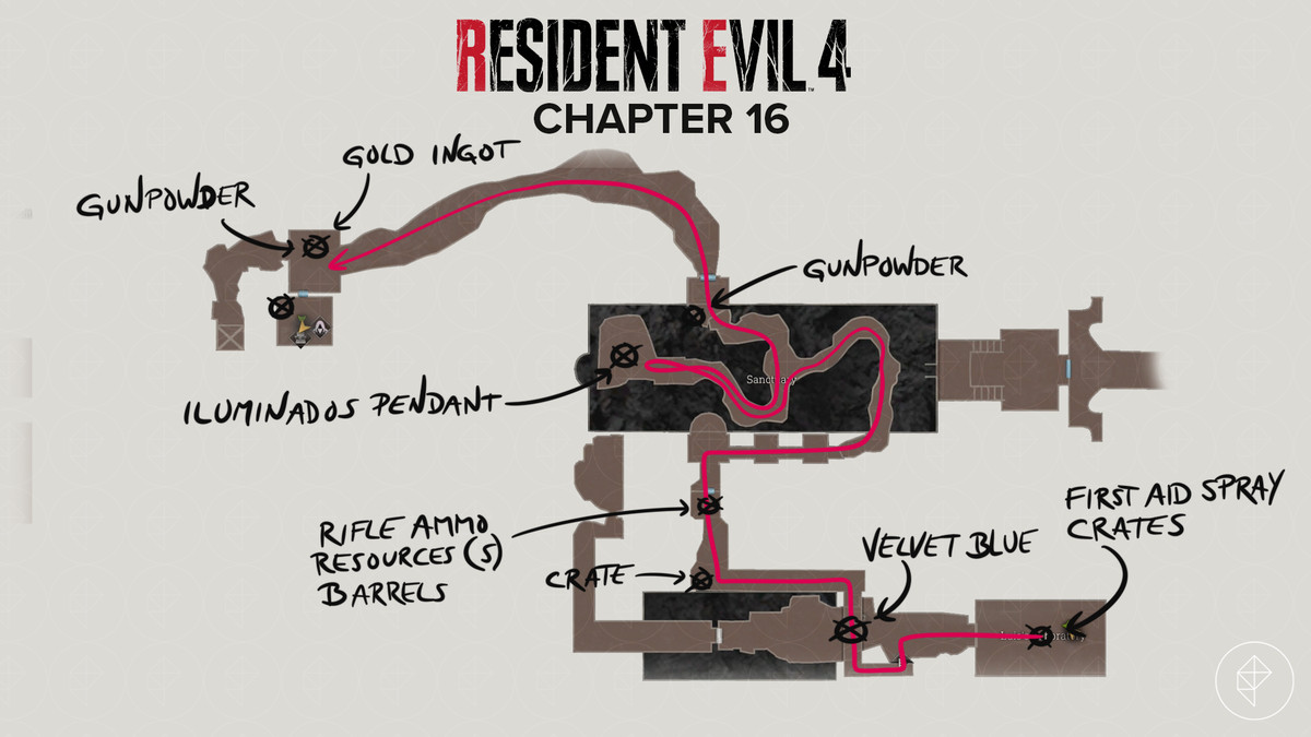 Resident Evil 4 remake map from Luis's Laboratory to the final Merchant room with a path and items marked.