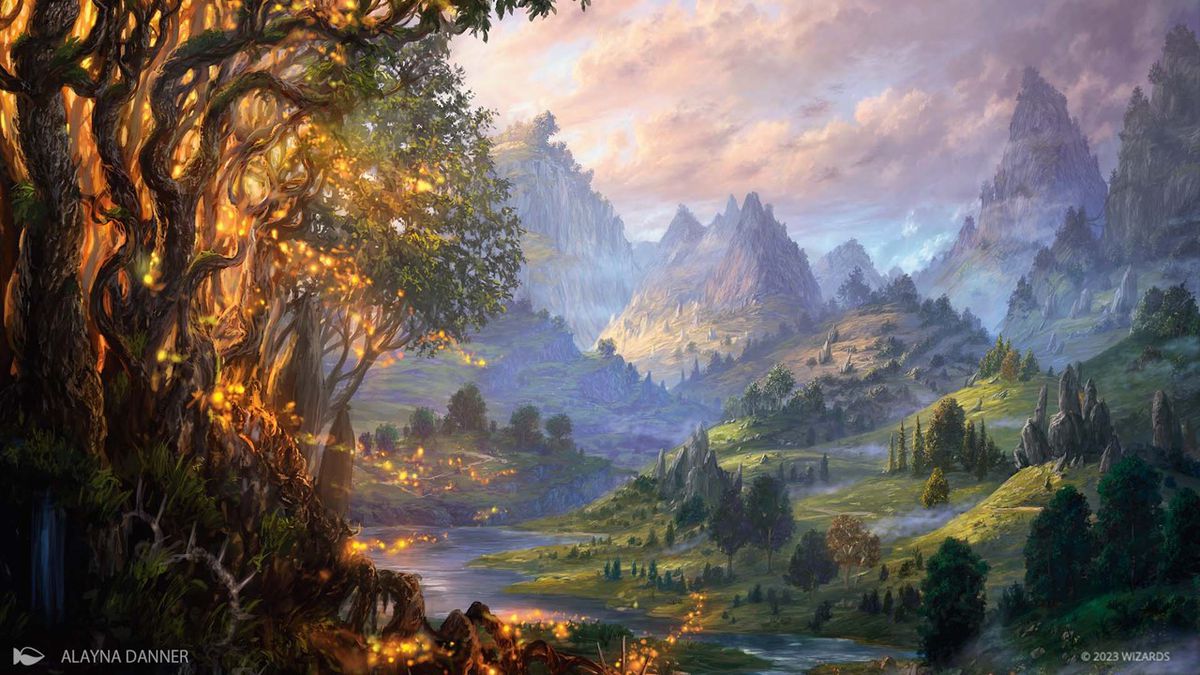 Art of a sweeping landscape. It’s from Magic: The Gathering’s upcoming expansion, Wilds of Eldraine. Half of it is green and lush and the other half is on fire.