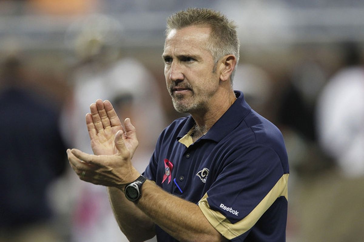 DETROIT - OCTOBER 10: St. Louis Rams head coach Steve Spagnuolo during the warms up prior to the start of the game against the Detroit Lions at Ford Field on October 10, 2010 in Detroit, Michigan.  (Photo by Leon Halip/Getty Images)