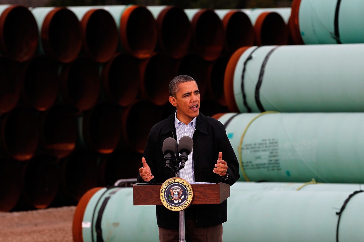 U.S. President Barack Obama speaks at the southern site of the Keystone XL pipeline on March 22, 2012 in Cushing, Oklahoma. Obama is pressing federal agencies to expedite the section of the Keystone XL pipeline between Oklahoma and the Gulf Coast.