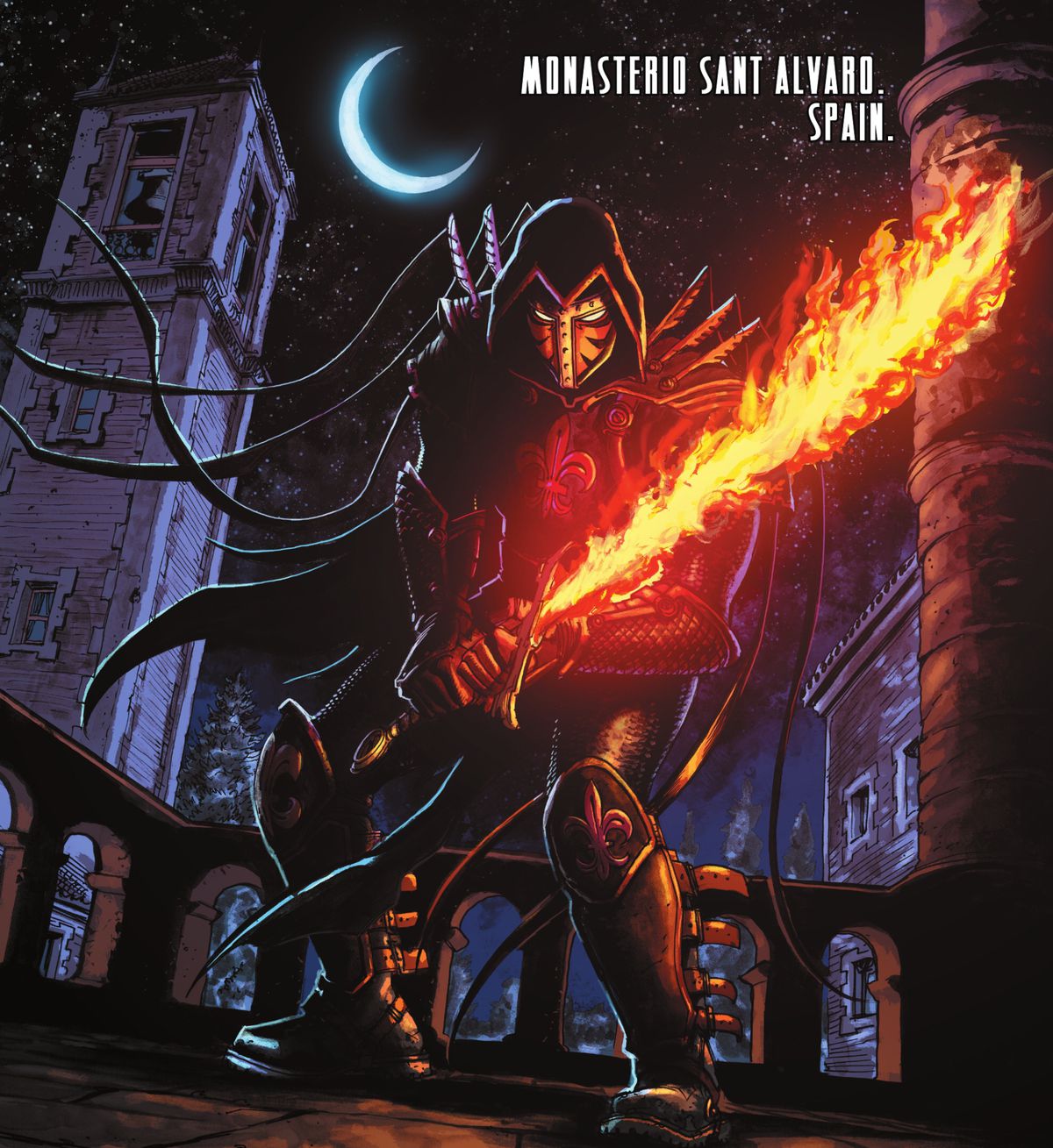 Azrael wields his flaming sword of vengeance on the moonlit roof of the Monasterio Sant Alvard in Europe in Catwoman 2021 Annual. 