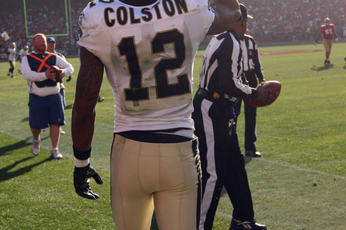 SAN FRANCISCO, CA - JANUARY 14:  Marques Colston #12 of the New Orleans Saints celebrates his touchdown against the San Francisco 49ers. (Photo by Ezra Shaw/Getty Images)