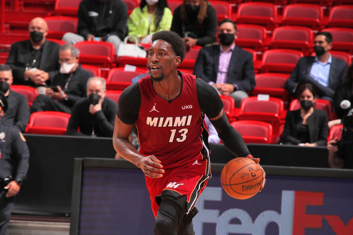 Bam Adebayo #13 of the Miami Heat dribbles during the game against the Phoenix Suns on March 23, 2021 at American Airlines Arena in Miami, Florida.&nbsp;