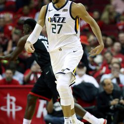 Utah Jazz center Rudy Gobert (27) celebrates as the Utah Jazz and the Houston Rockets play game two of the NBA playoffs at the Toyota Center in Houston on Wednesday, May 2, 2018.