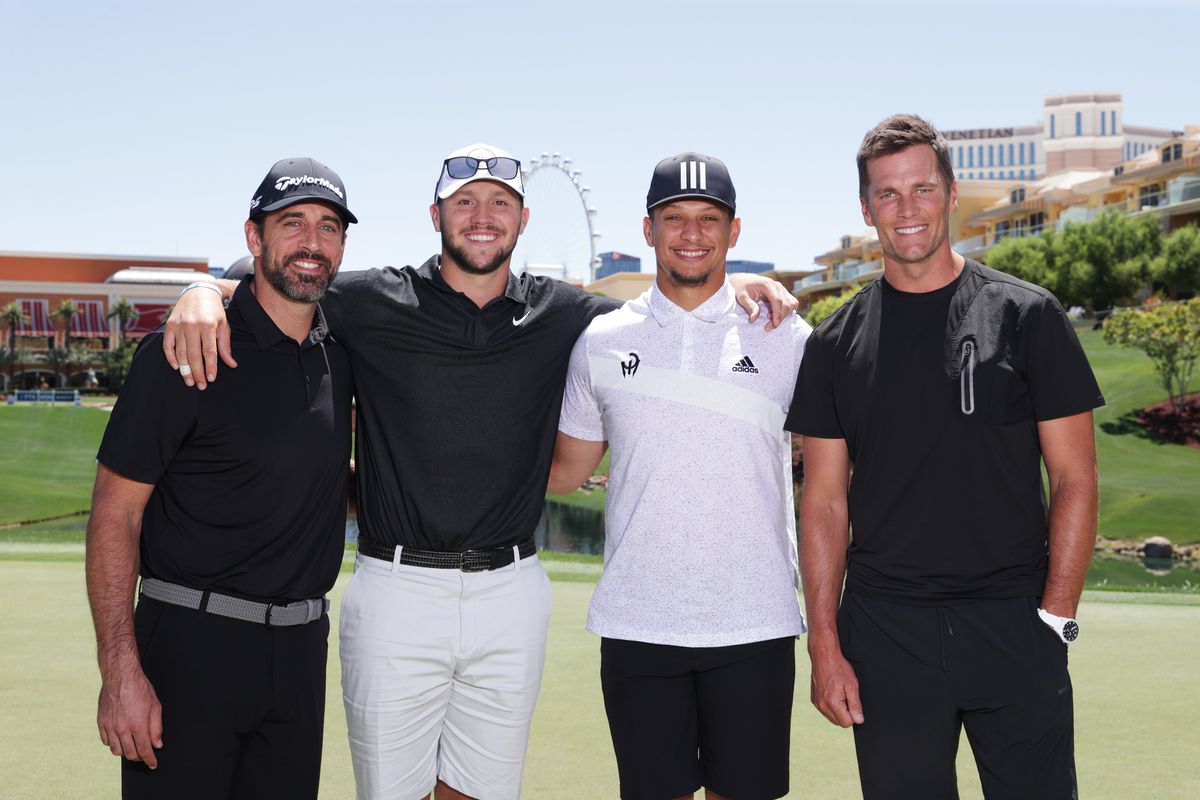 Aaron Rodgers, Josh Allen, Patrick Mahomes and Tom Brady pose for a photo prior to Capital One’s The Match VI - Brady &amp; Rodgers v Allen &amp; Mahomes at Wynn Golf Club on June 01, 2022 in Las Vegas, Nevada.