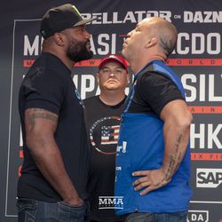 Quinton “Rampage” Jackson and Wanderlei Silva stare each other down at Bellator 206 media day in San Jose, Calif.