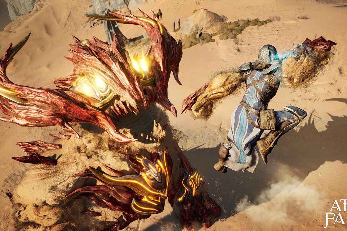 An armored character leaps and readies a punch, wearing heavy cestus weapons, facing a horned, glowing-eyed sand monster in a desert environment in a screenshot from Atlas Fallen.