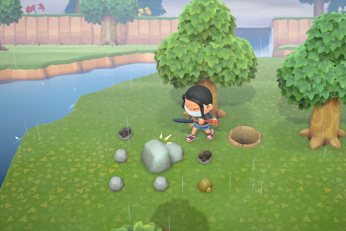 An Animal Crossing villager hits a rock, making rocks and ore pop out