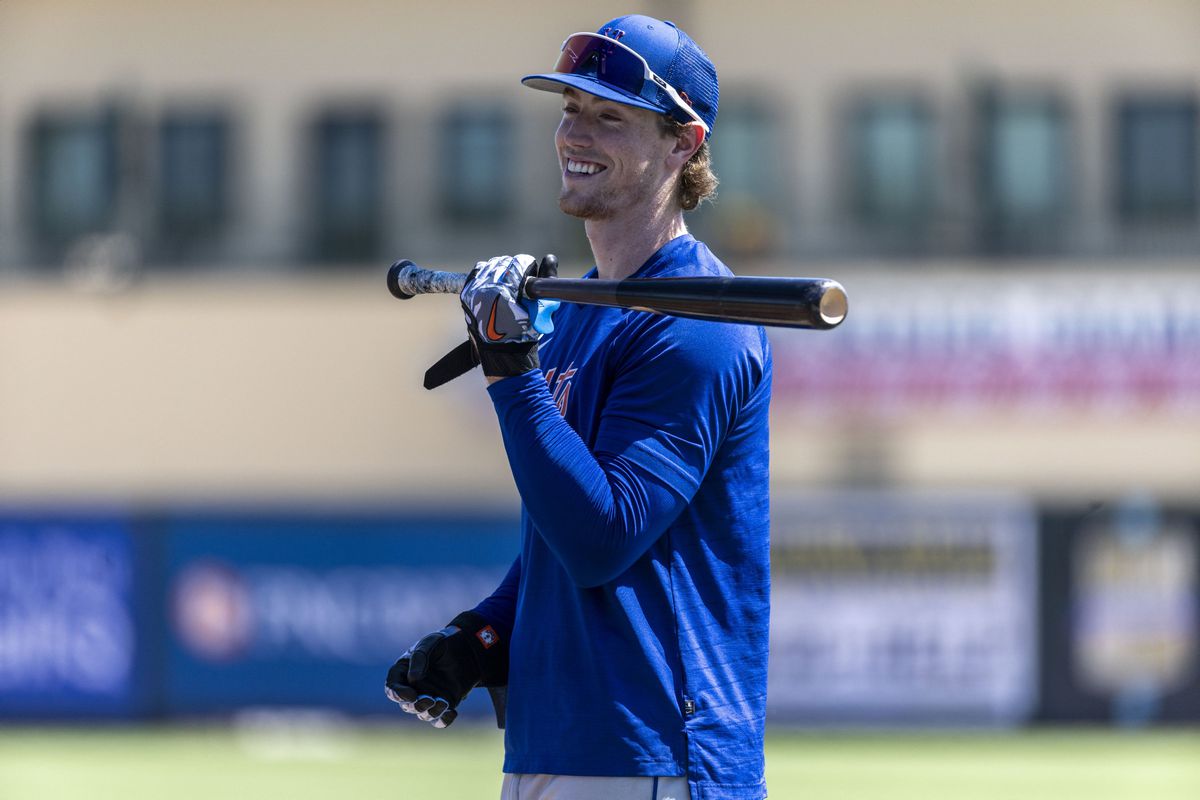 New York Mets infielder Brett Baty is photographed before a spring training game against the Miami Marlins, on March 1, 2023, at Roger Dean Stadium in Jupiter, FL.