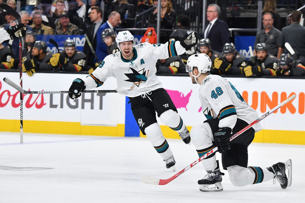 Tomas Hertl of the San Jose Sharks celebrates after scoring a goal in double overtime against the Vegas Golden Knights in Game 6 during the 2019 NHL Stanley Cup Playoffs at T-Mobile Arena on April 21, 2019 in Las Vegas, Nevada.