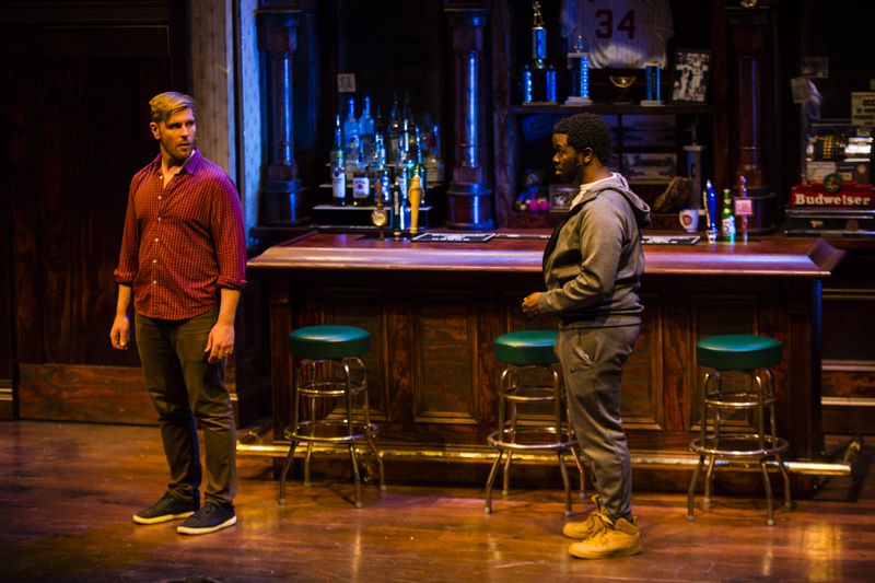 Cast members Brandon Dahlquist and Jonathan Butler-Duplessis rehearse a scene from “Miracle” at the Royal George Theatre, Wednesday, May 6, 2019.