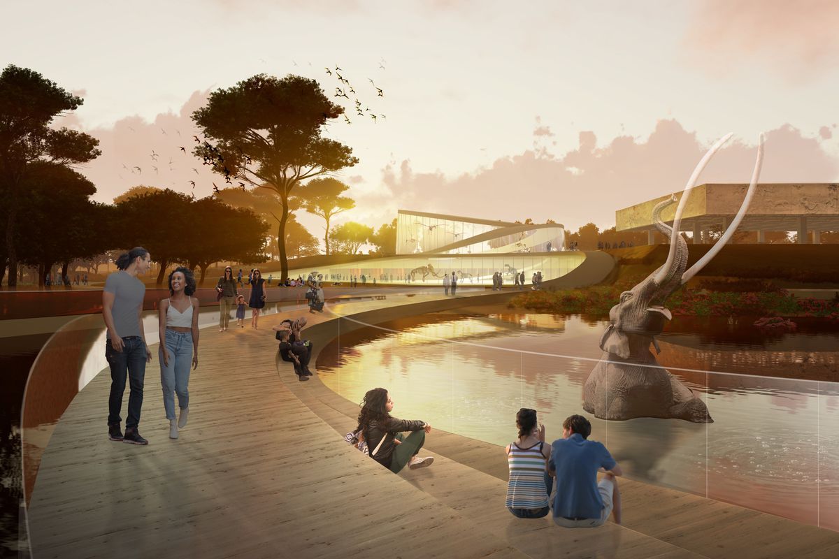 A rendering of a pathway extending over the tar pits with new low-rise buildings visible in the background.