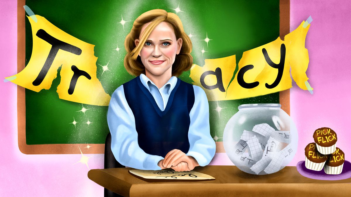 A brightly colored illustration shows Tracy Flick in blue button-up shirt and sweater vest sitting at a desk with hands folded; a glass bowl of votes and a plate of personalized cupcakes are next to her. Behind her, a yellow banner that says “Tracy” hangs against a green chalkboard and a pink wall. The banner has been torn in half.