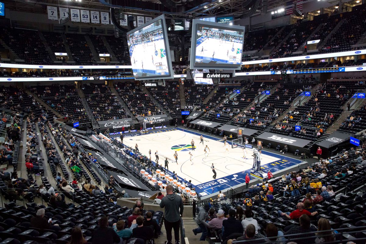 A general view of a game between the Utah Jazz and the Memphis Grizzlies during the first quarter at a partially filled Vivint Smart Home Arena.