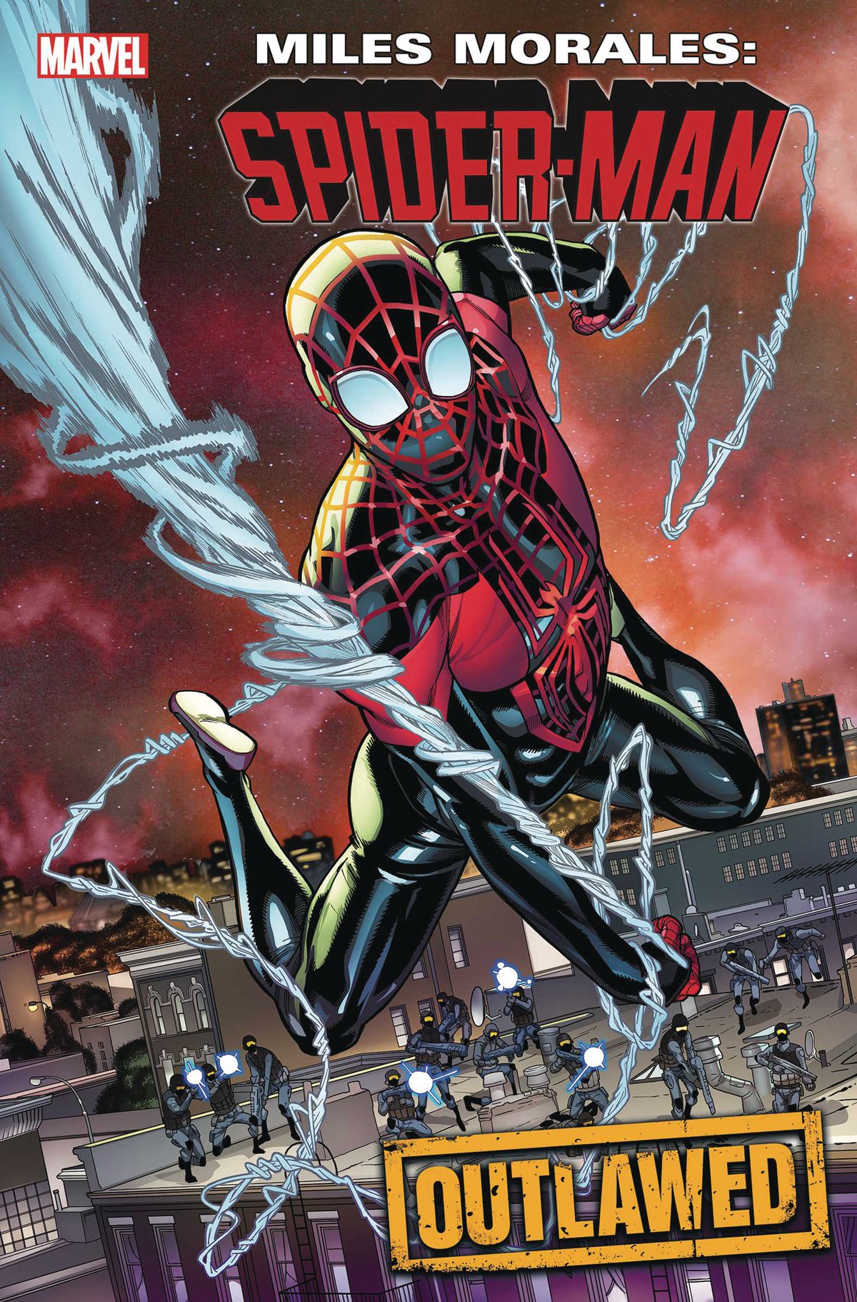 Miles Morales/Spider-Man swings through city streets under fire from soldiers on the cover of Miles Morales: Spider-Man #17, Marvel Comics (2020). 