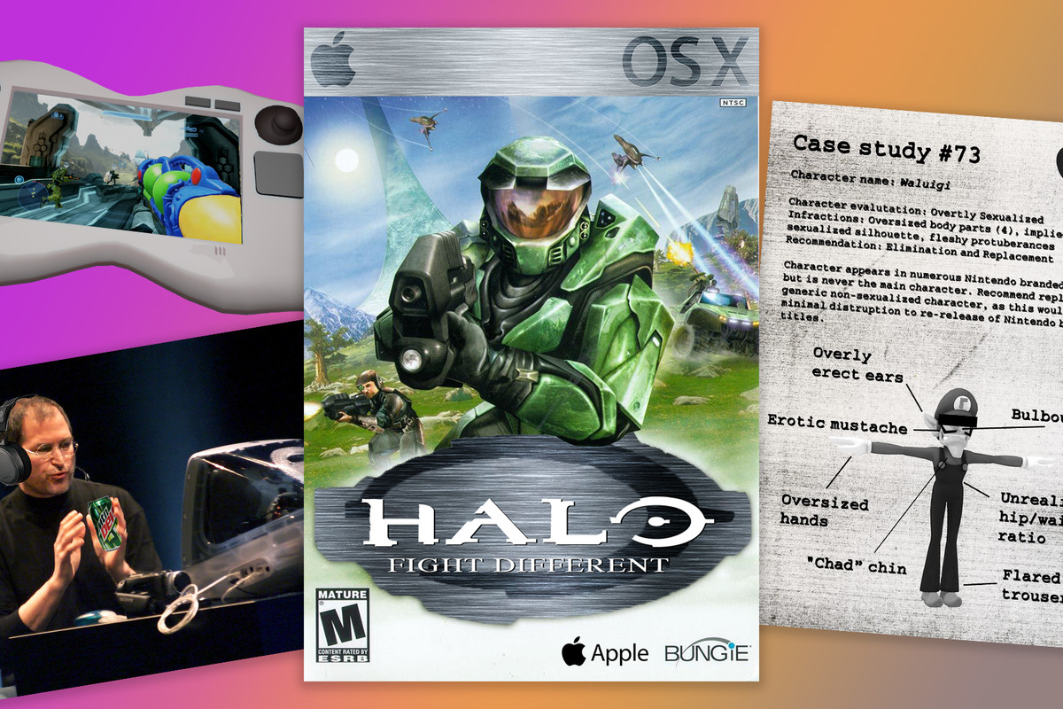 A collage of images including a fake version of Halo for Mac operating systems, a strange confidential document with Waluigi on it, Steve Jobs wearing a gamer headset and holding a Mountain Dew, and a curvaceous portable console.