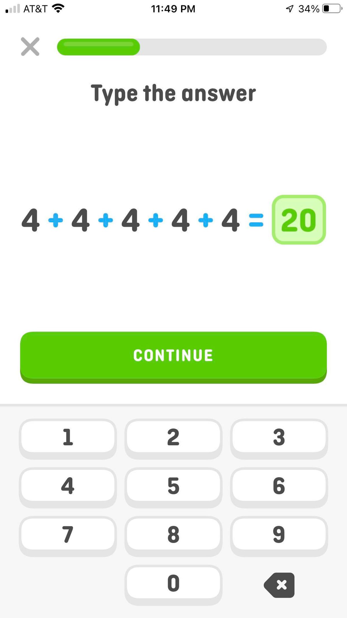 Screenshot of the Duolingo math app.  The text reads: Write answer: 4+4+4+4+4=20.