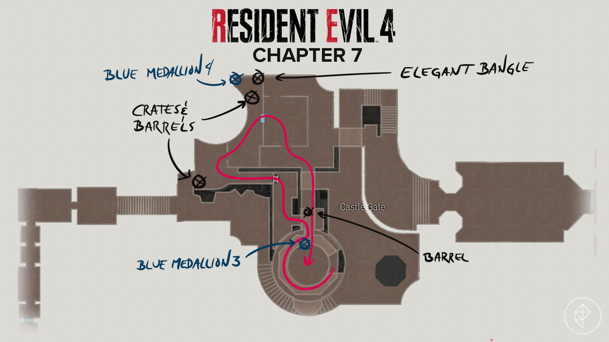 Resident Evil 4&nbsp;remake&nbsp;map of the Castle Gate with route and items