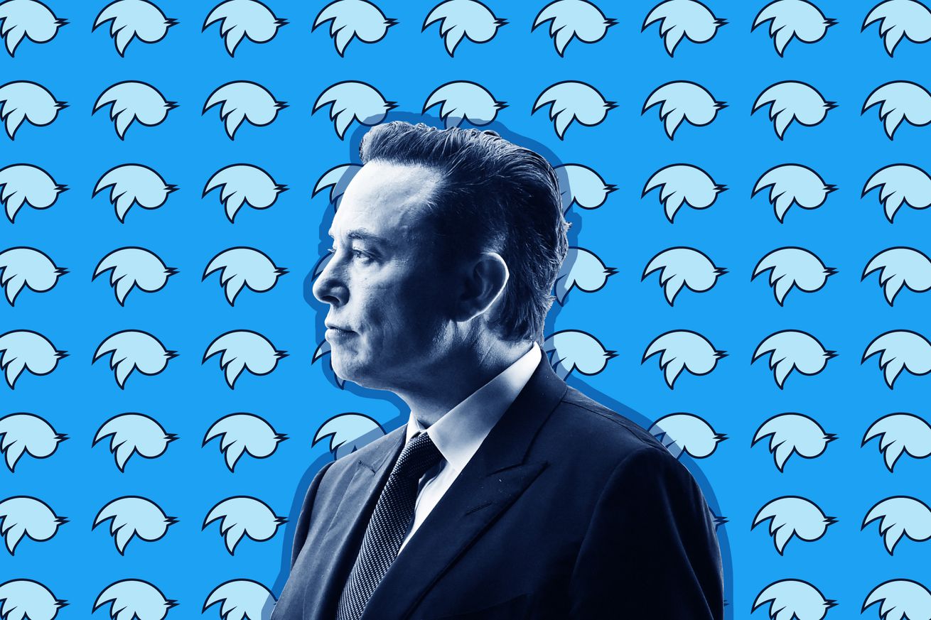 Elon Musk in front of the Twitter logo.