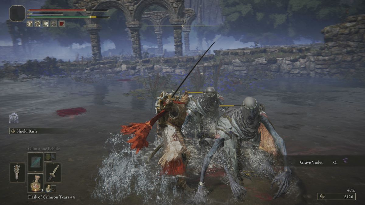 Elden Ring player fighting two Wraith Callers in the swamps of Laskyar Ruins