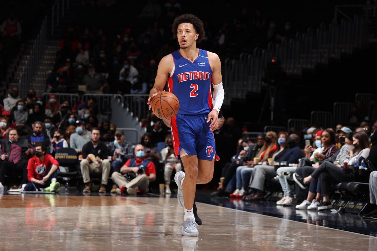 Cade Cunningham #2 of the Detroit Pistons dribbles the ball during the game against the Washington Wizards on February 14, 2022 at Capital One Arena in Washington, DC.