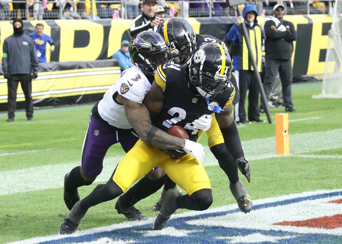 Pittsburgh Steelers cornerback Joey Porter Jr. (24) intercepts a pass in the end-zone intended for Baltimore Ravens wide receiver Odell Beckham Jr. (3) during the fourth quarter at Acrisure Stadium.