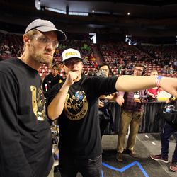 Chris Hirschi and Abdul Ayubi discuss strategy before their match as students from Cottonwood High School compete in the First Robotics Competition Utah Regional event at the Maverik Center in West Valley City, Utah, on Friday, March 29, 2019. First — For Inspiration and Recognition of Science and Technology — was created "to inspire young people's interest and participation in science and technology."